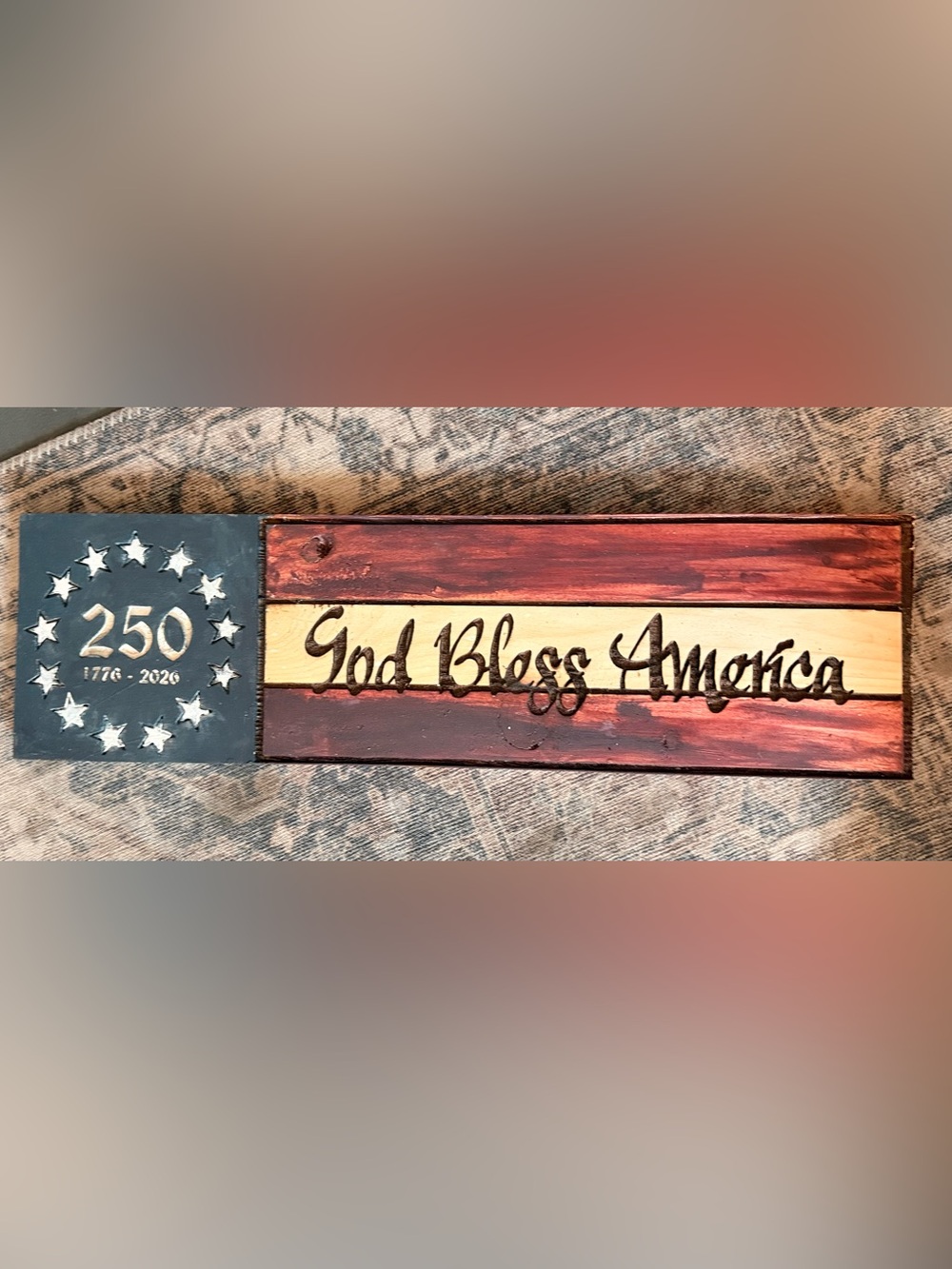 250 years wood flag engraved